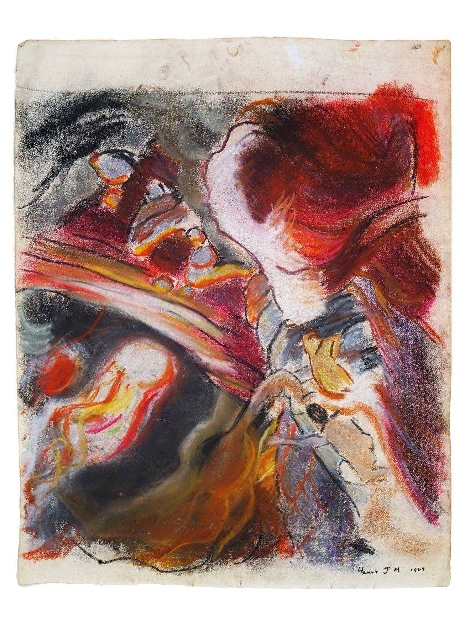 AMERICAN PRATT INSTITUTE OIL PASTEL PAINTING SIGNED: An American Pratt Institute oil pastel painting on wove paper depicting a sketch Expressionist scene. Signed by the artist, Henny J.M. and dated 1963, lower right. Pratt Institute is a private univers