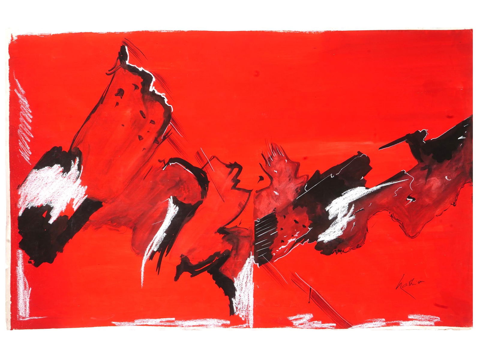 ATTR TO GEORGES MATHIEU AMERICAN FRENCH PAINTING: Attributed to Georges Mathieu, American, French, 1921 to 2012, mixed media on heavy paper depicting an abstract composition. Signed lower right. Additionally inscribed, on the backside. Georges Mathie