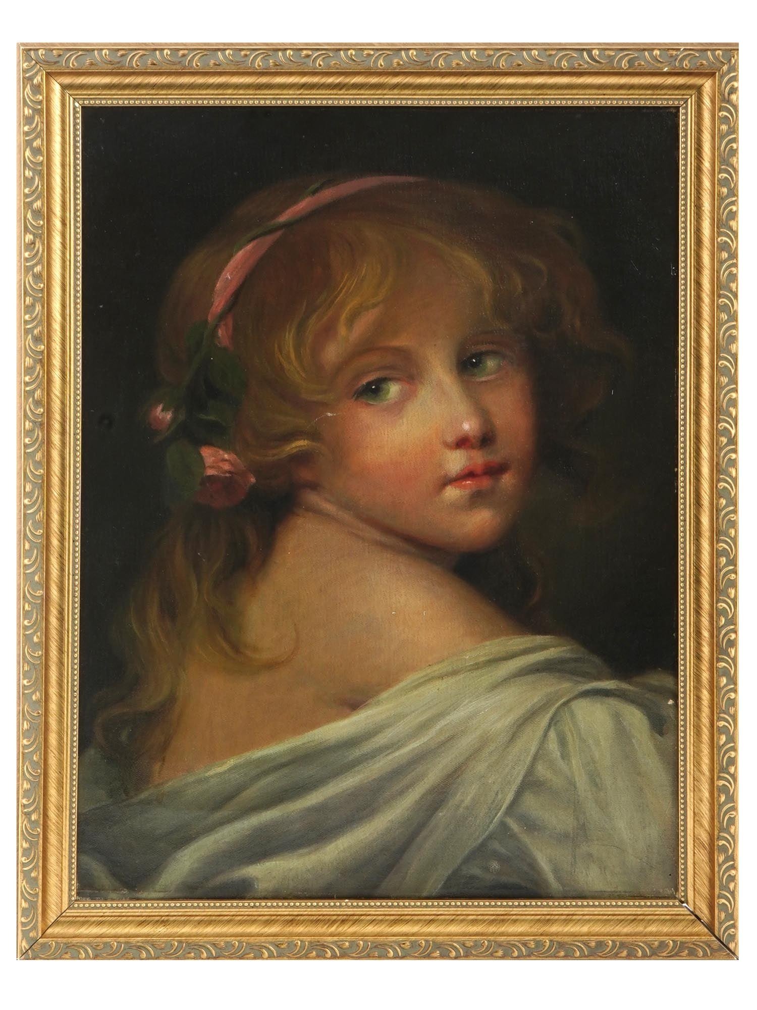 AFTER JEAN BAPTISTE GREUZE FEMALE PORTRAIT PAINTING: Oil on canvas painting after an original 1770s artwork titled La tete d une jeune fille, Head of a Young Girl by Jean-Baptiste Greuze, 1725 to 1805, a French Rococo painter. The piece represents a por