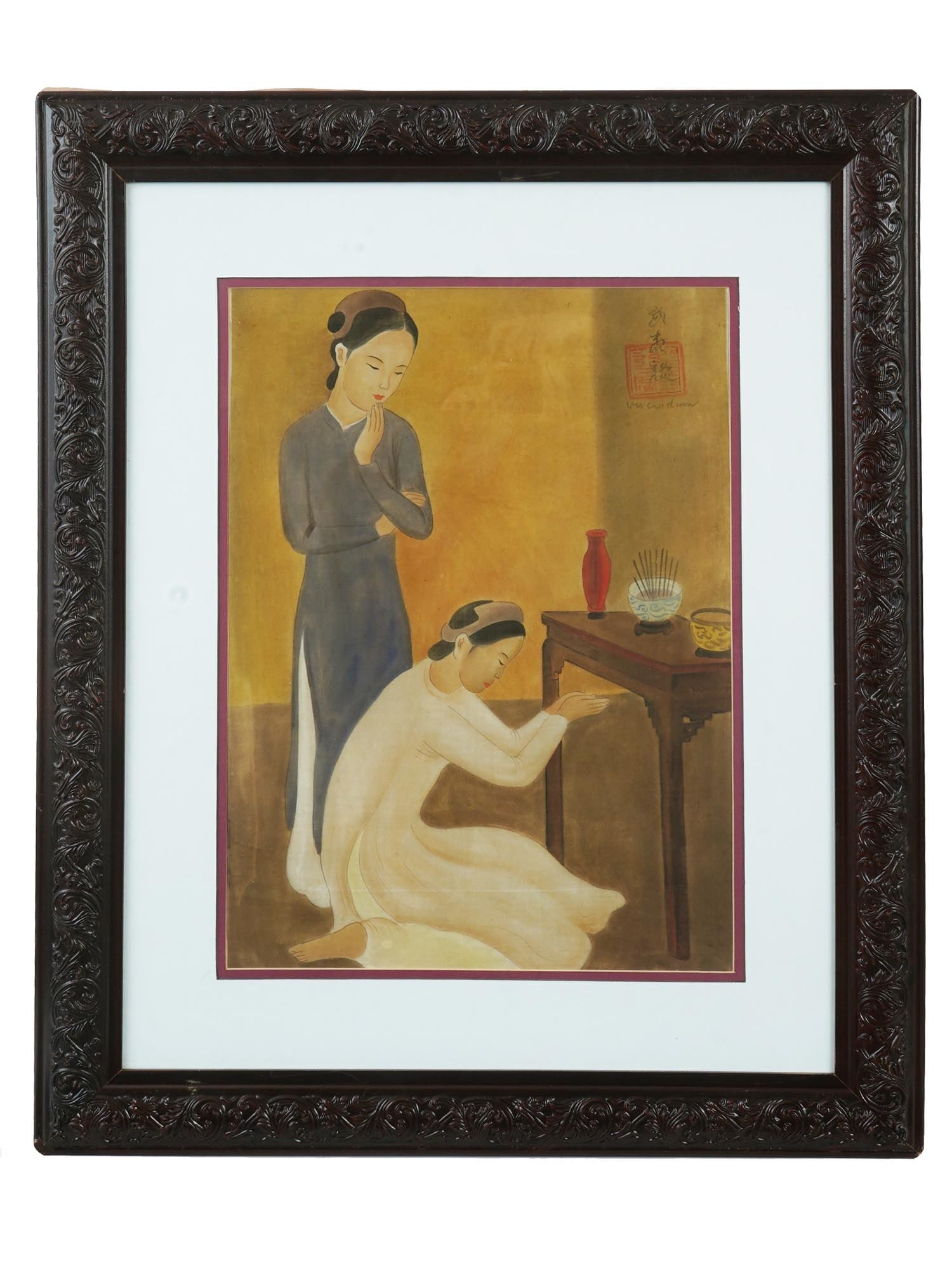 ATTR TO VU CAO DAM VIETNAMESE SCENE OIL PAINTING: Attributed to Vu Cao Dam, Vietnamese, 1908 to 2000, mixed media painting on silk depicting an interior genre scene with two women. Signed in Latin, inscribed with Characters, and stamped, upper right.