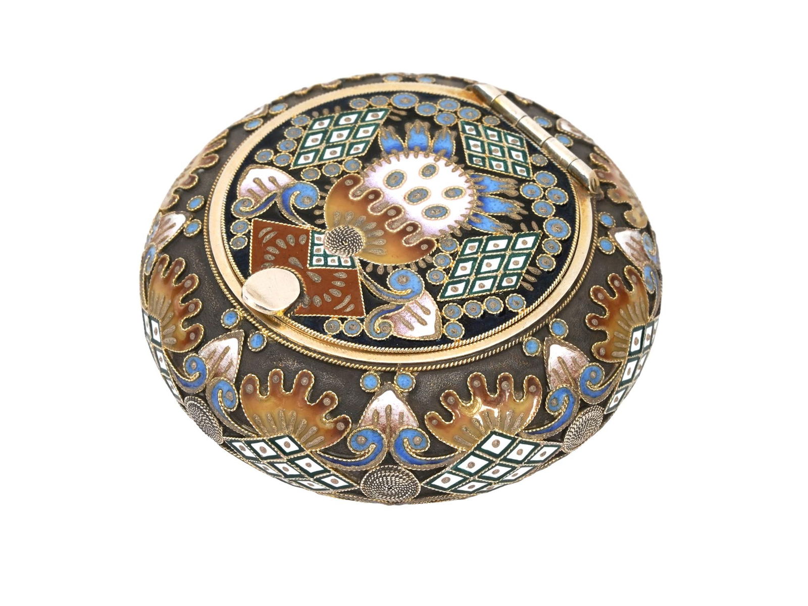 RUSSIAN GILT SILVER CLOISONNE ENAMEL PILL BOX: A Russian gilt silver pill box of round shape with hinged lid. The piece is garnished with polychrome shaded cloisonne enamel ornaments. Hallmark of 88 silver standard and makers marks are on the insi
