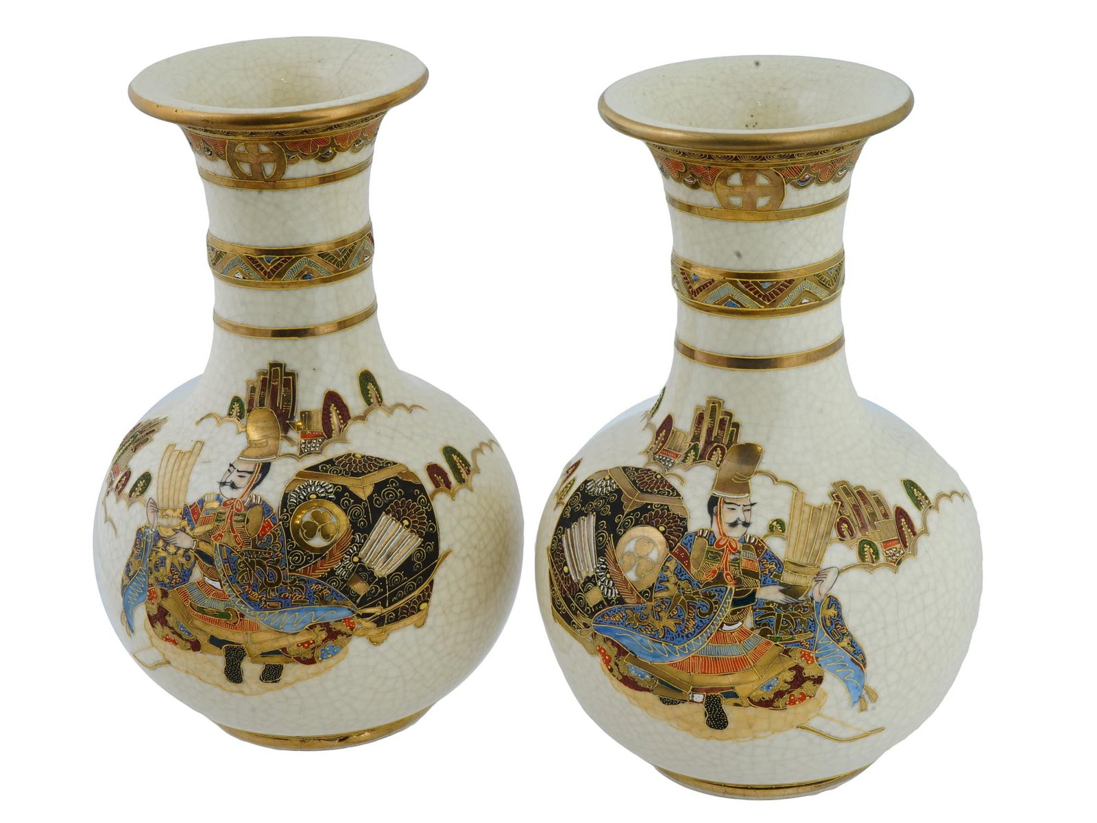 ANTIQUE JAPANESE MEIJI SHIMAZU SATSUMA POTTERY VASES: A pair of antique Japanese Satsuma pottery vases. Late Meiji era, before 1912. Bottle shape. Elaborate ornamental gilding. Shimazu family crest on top rim. Samurai portrait on the obverse. Fine detail