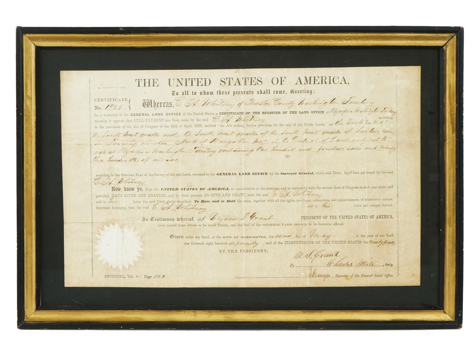 1870 AMERICAN LAND GRANT DOCUMENT SIGNED BY GRANT (1 of 4)