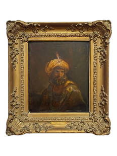 LUDWIG DEUTSCH ANTIQUE AUSTRIAN OIL PAINTING: Ludwig Deutsch, Austrian, 1855 to 1935, an Orientalist oil on oak panel painting depicting a portrait of an Arab man. Housed in a gilt wood and gesso frame richly decorated with Rococo motifs, bears a