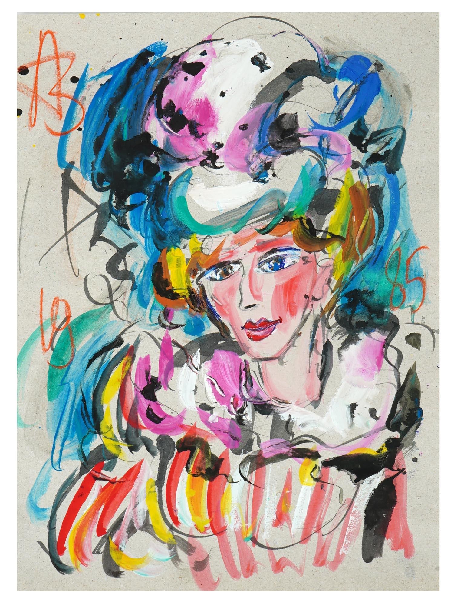 RUSSIAN WOMAN MIXED MEDIA PAINTING BY ANATOLY ZVEREV: Anatoly Timofeivich Zverev, Russian, Soviet era, 1931 to 1986, mixed media painting on paper depicting a portrait of a woman dressed in a costume and a hat, 1985. Signed with initials, upper right. Da