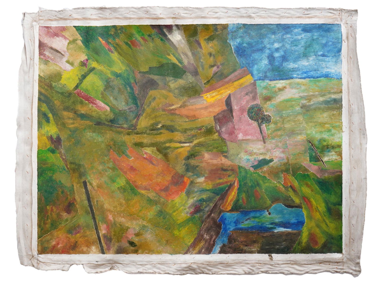 ATTR TO RAM KUMAR INDIAN ABSTRACT ACRYLIC PAINTING 2009: An acrylic on canvas painting depicting an abstract composition attributed to Ram Kumar, Indian, 1924 to 2018. Signed and dated on verso. Comes with a certificate of authenticity and a tube for canvas