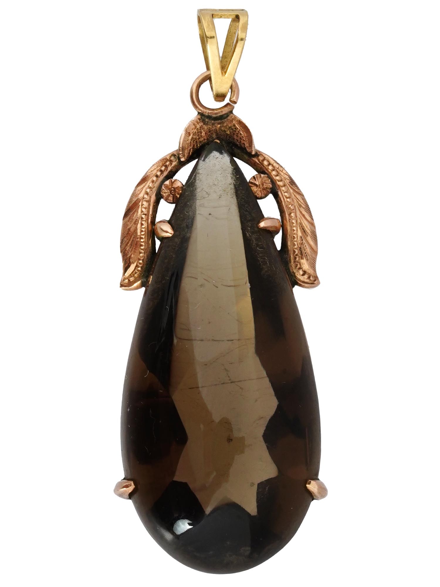 18K GOLD DROP SHAPED SMOKY QUARTZ JEWELRY PENDANT: An 18K Gold drop shaped jewelry pendant. The pendant is adorned with a Smoky Quartz stone and framed by a relief foliage design on the top. Marked with a Gold standard hallmark, and other marks, on a 