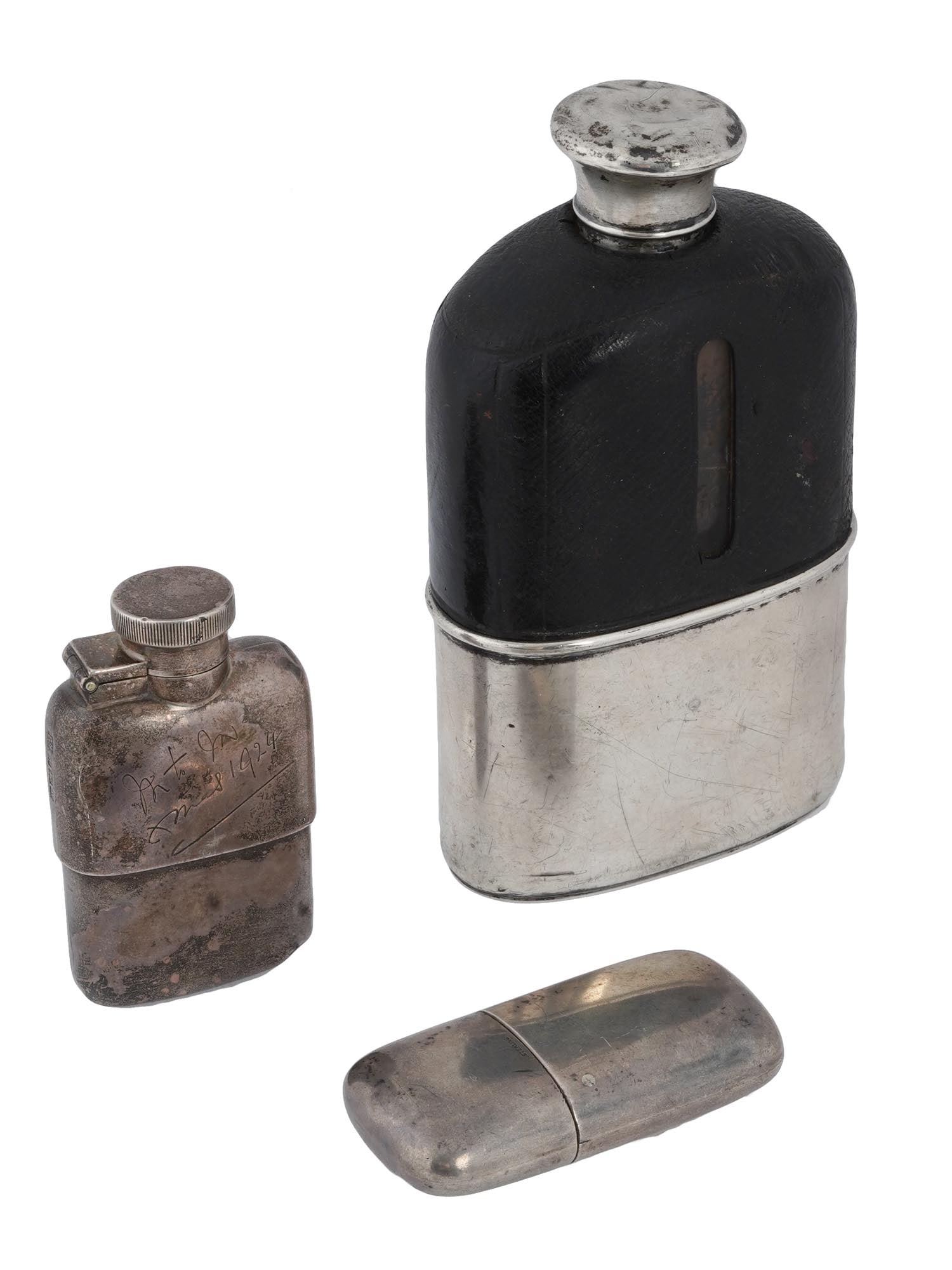 VINTAGE STERLING SILVER FLASKS ENGLISH AND FRENCH: A lot of three vintage sterling silver flasks, English and French. The first one has a hinged lid, a simple design, an inscription, and the date 1924 on the front. Hallmarked with British Sterling Sil
