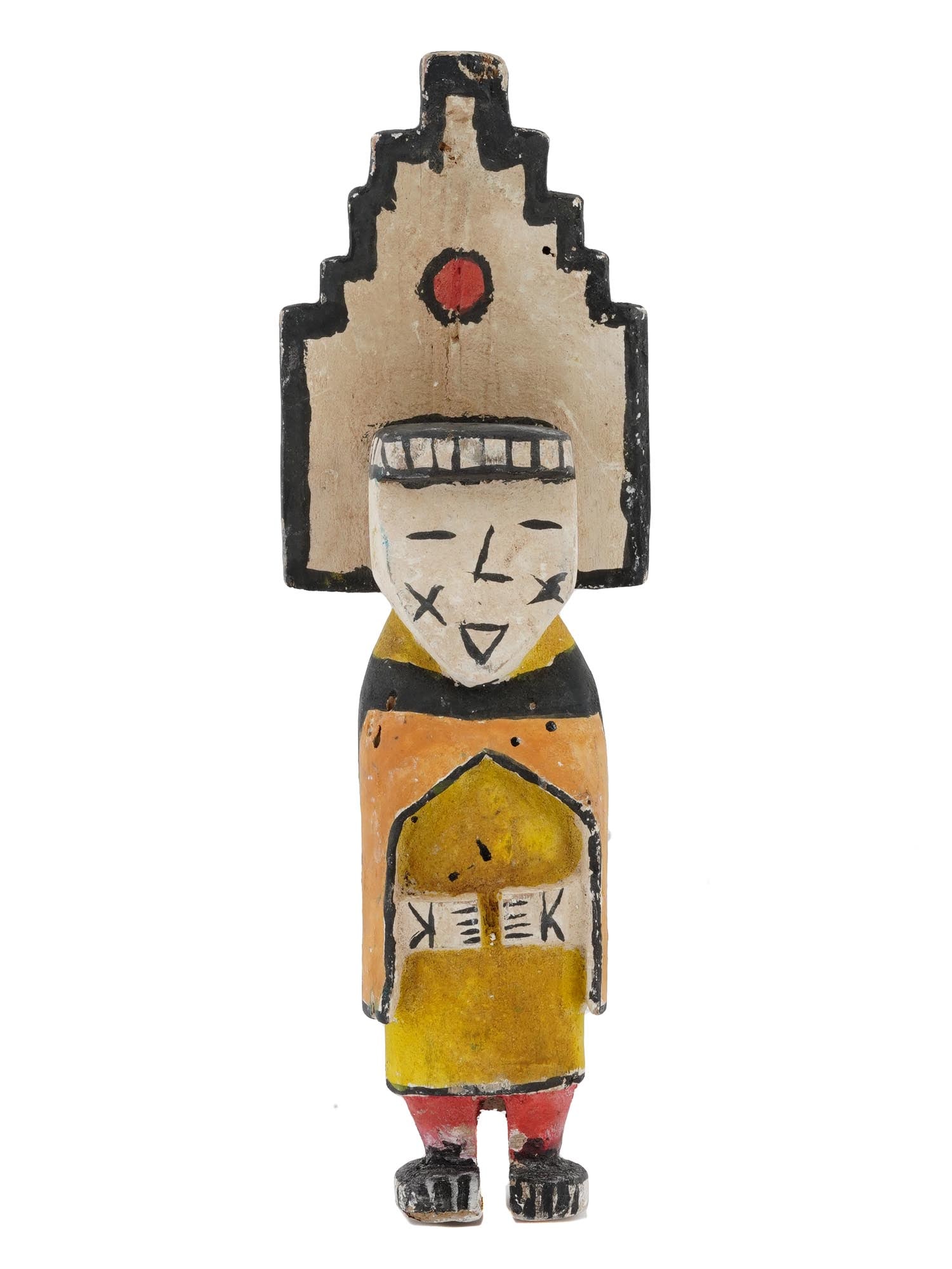 NATIVE AMERICAN KACHINA HOPI HAND CARVED WOOD DOLL: A Southwestern Native American Kachina Hopi doll with ears and an elongated mouth. The doll is made from hand carved wood. The figurine is adorned with hand painted traditional ornaments, and facial f