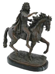 FRENCH LOUIS XIV BRONZE STATUE AFTER FRANCOIS GIRARDON: A French bronze equestrian statue of Louis XIV after Francois Girardon, French, 1628 to 1715. Mounted on a sculptural base. Signed on the base. Mounted on a marble stand. François Girardon was a Fren