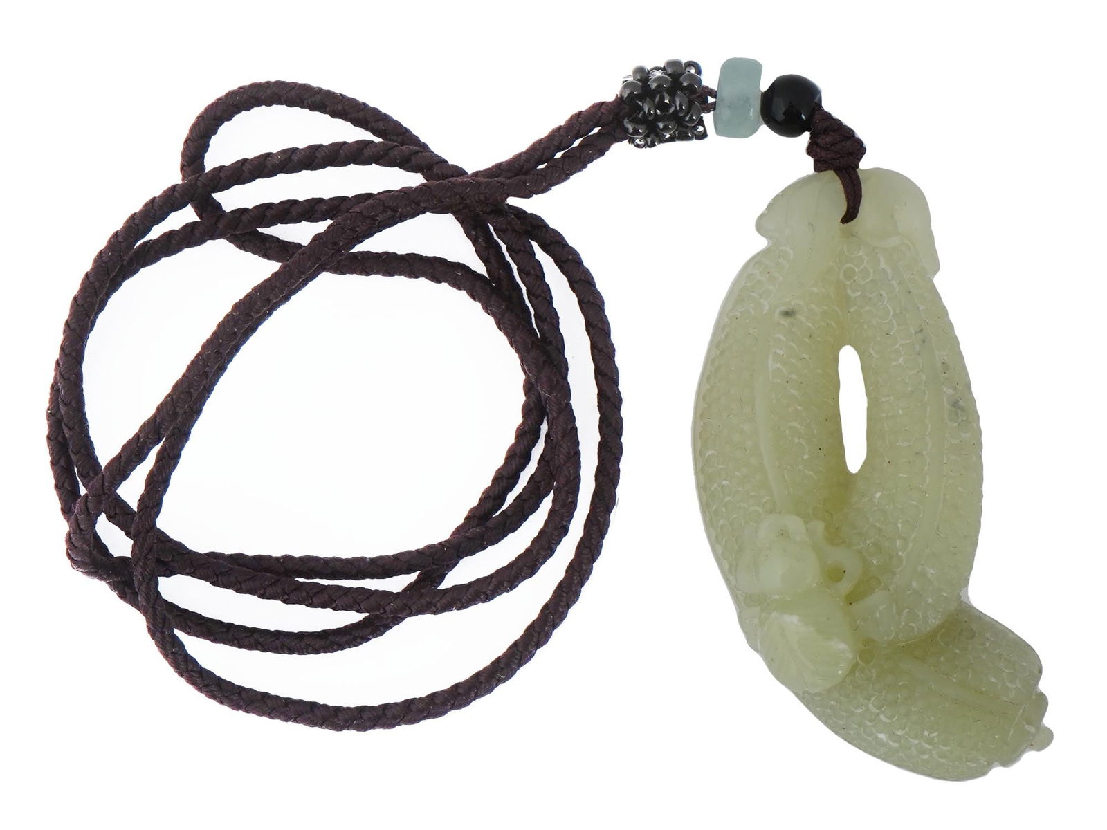 VINTAGE CHINESE JADE PENDANT LUFFA GOURDS AND BUG: A vintage Chinese jade pendant carved in the form of a pair of gourds and a bug, done in the Suzhou style. There are several loops formed by the leafy and vine details at the top and the pendant is st
