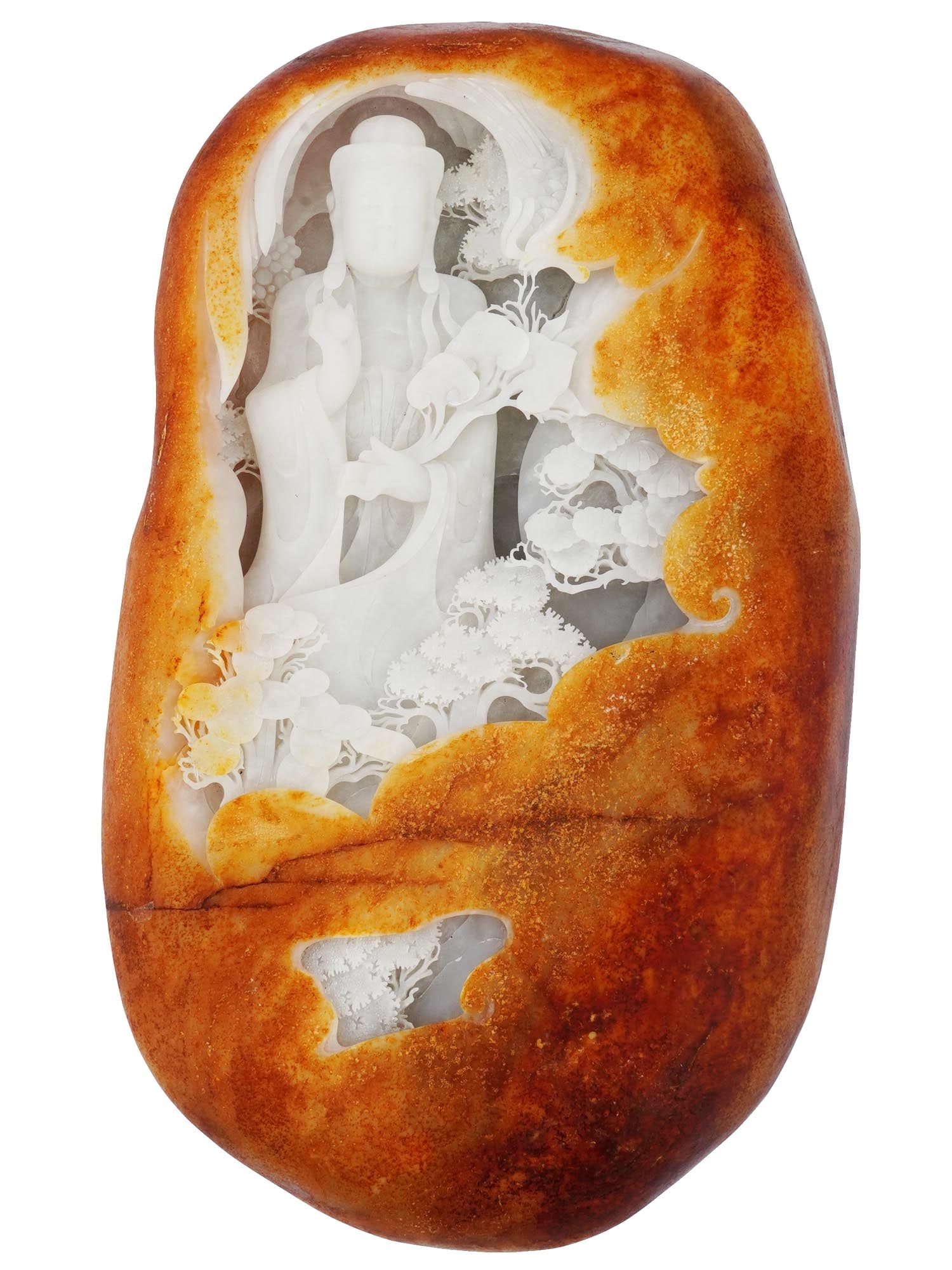 LARGE CHINESE QING CARVED WHITE JADE BOULDER OF GUANYIN (1 of 5)