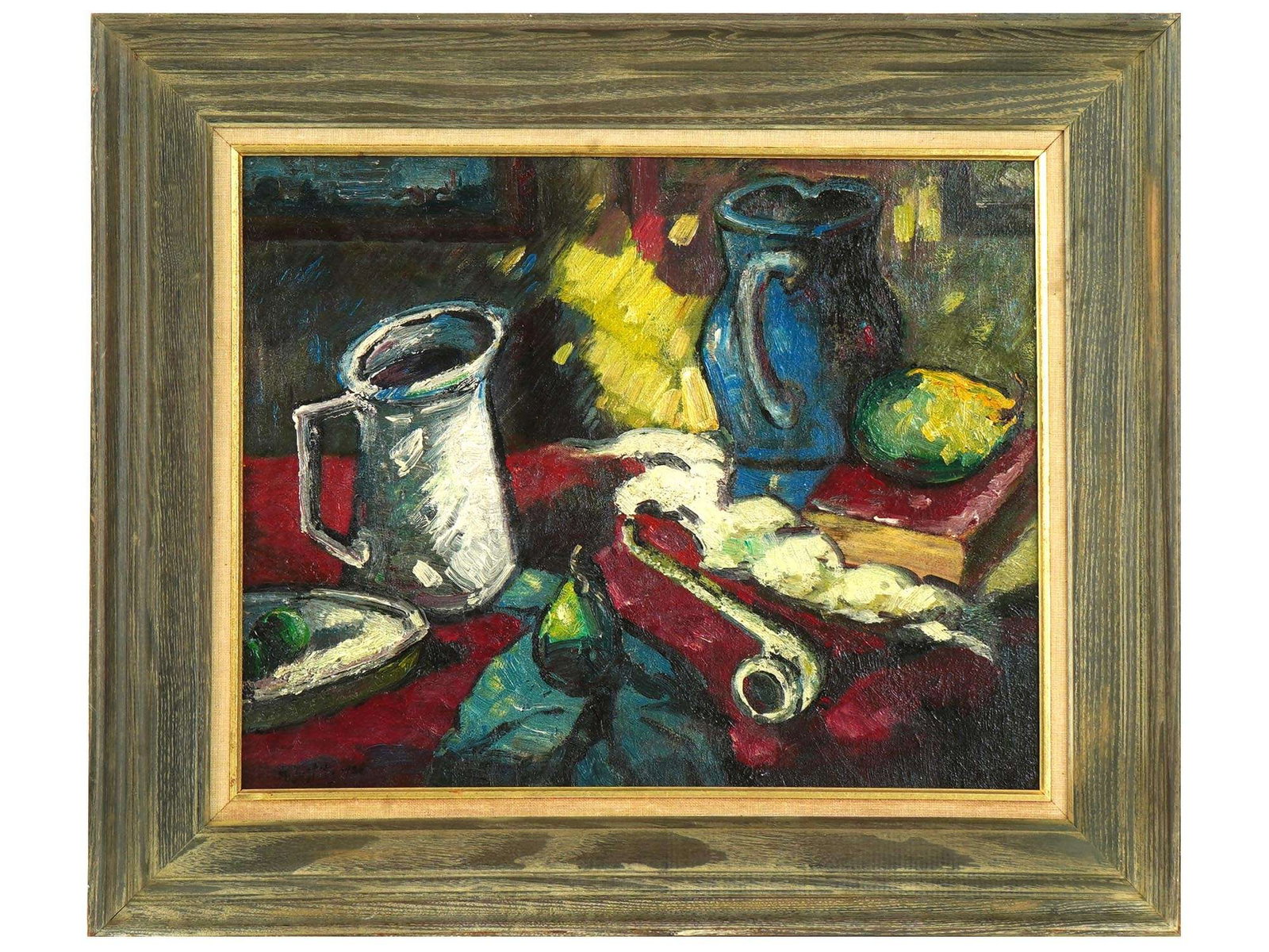 CZECH STILL LIFE OIL PAINTING BY ALFRED JUSTITZ: An antique oil painting on board depicting a still life, 1926, by Alfred Justitz, Czech, 1879 to 1934. Signed and dated lower left. Framed. Provenance: Private collection Long Island, NY. Alfred Justi