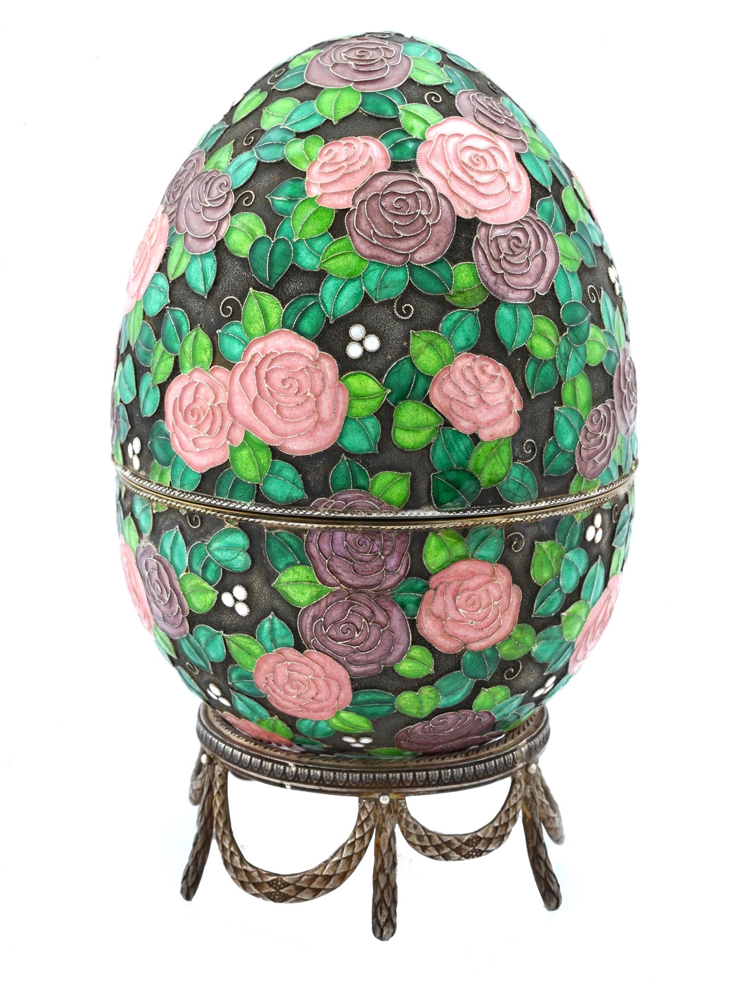 EXTRA LARGE RUSSIAN SILVER EASTER EGG CASE W STAND (1 of 10)