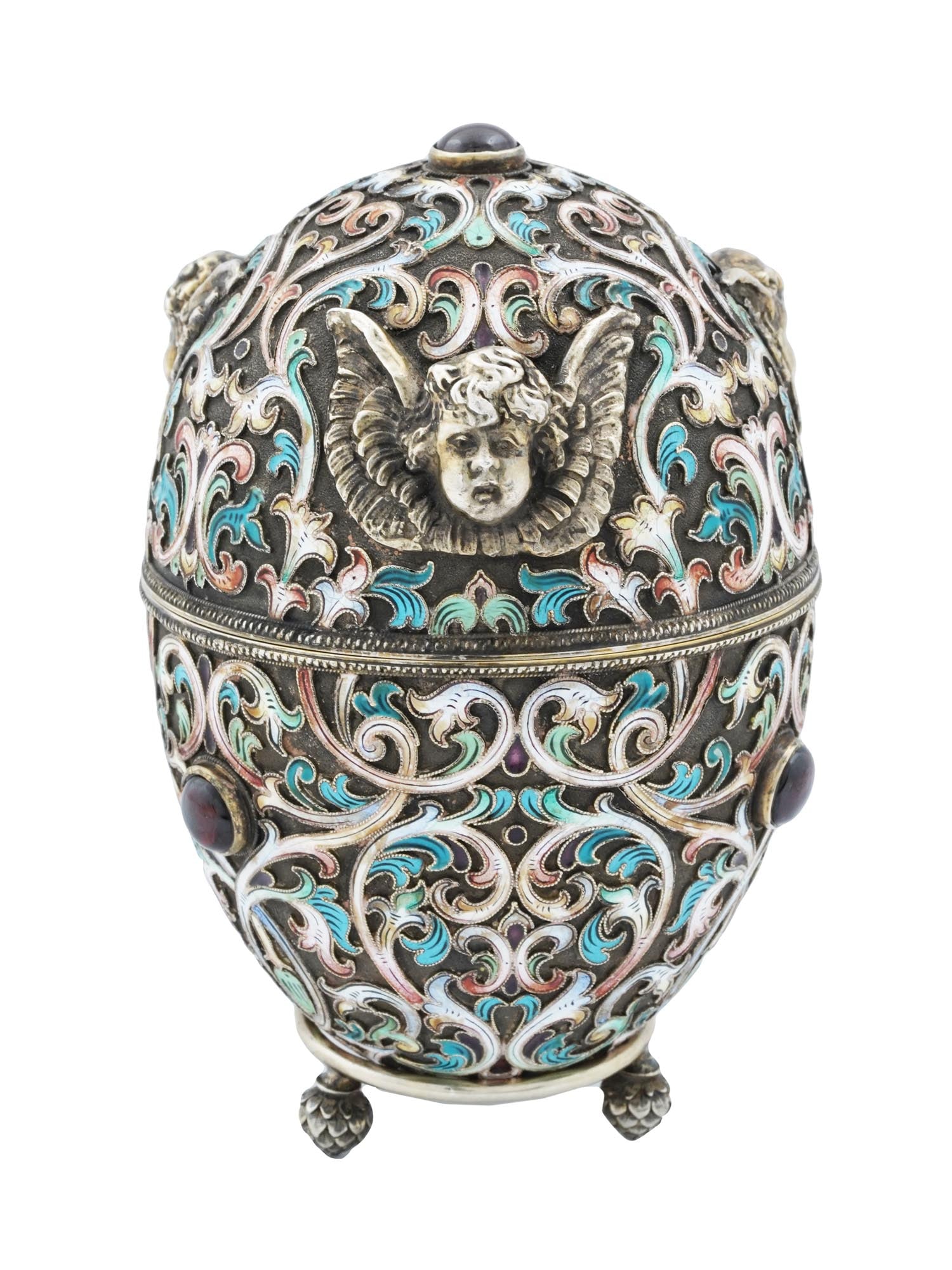 LARGE RUSSIAN SILVER GILT ENAMEL EGG CASE W STAND (1 of 10)
