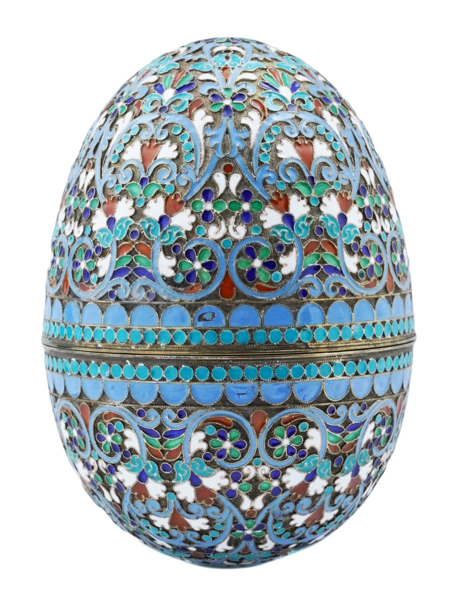 LARGE RUSSIAN SILVER CLOISONNE ENAMEL EGG CASKET (1 of 9)