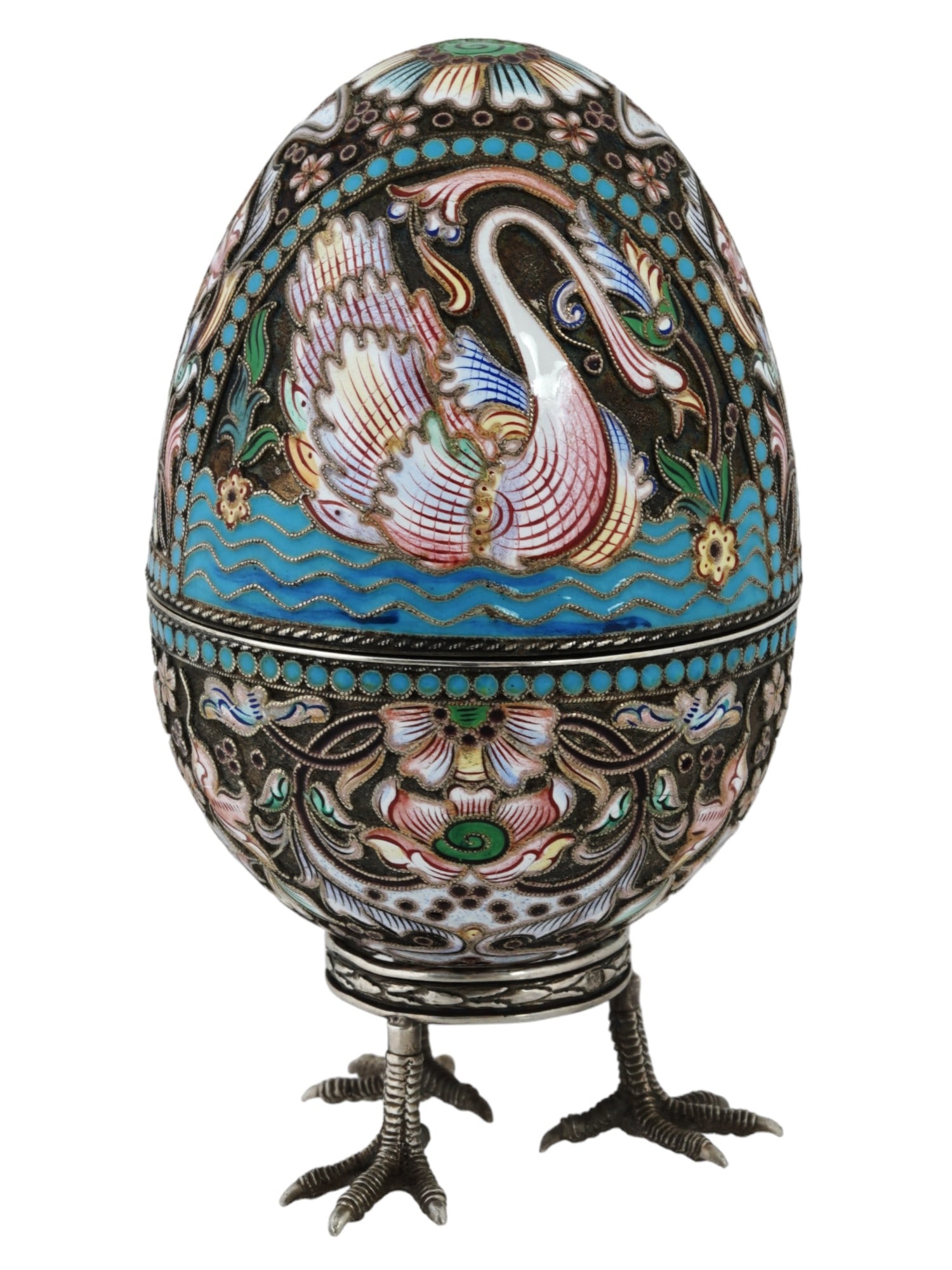 LARGE RUSSIAN SILVER ENAMEL EGG CASKET WITH STAND (1 of 10)