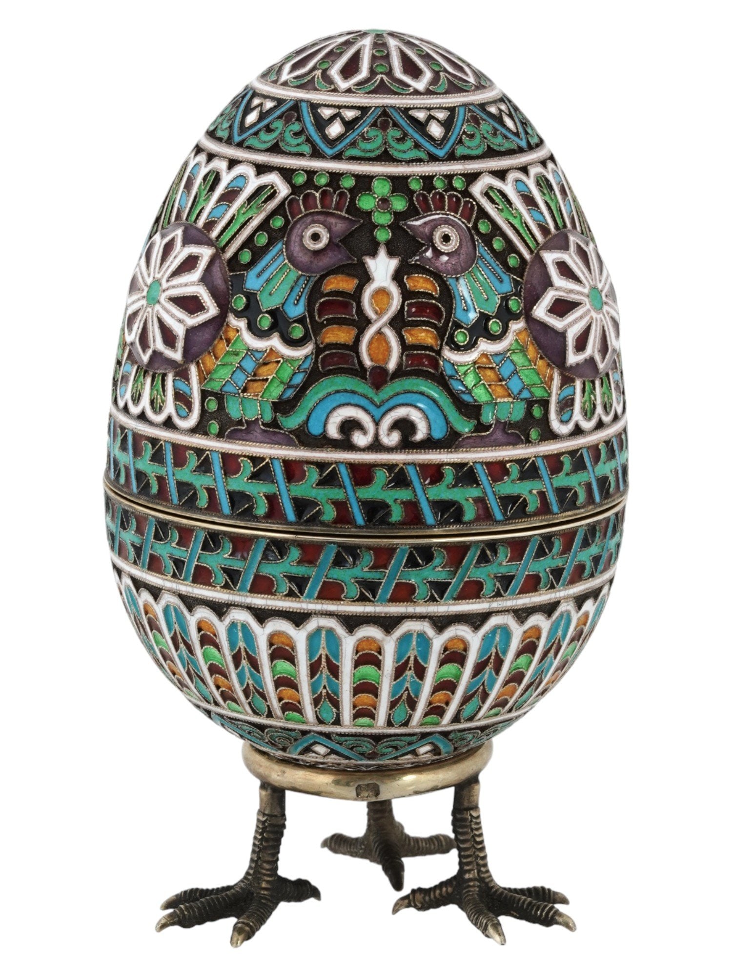 LARGE RUSSIAN 84 SILVER ENAMEL CHICKEN EASTER EGG (1 of 10)
