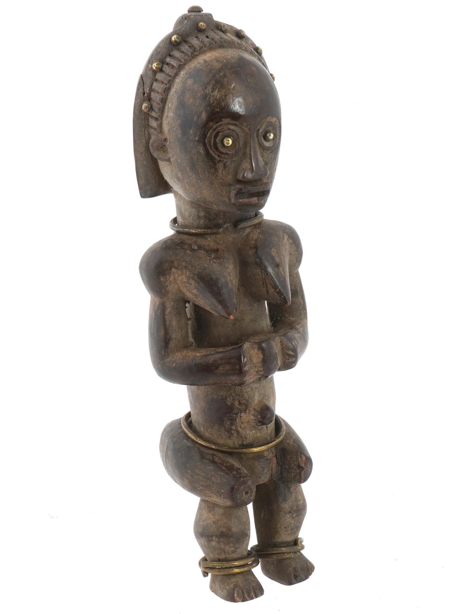 CENTRAL AFRICAN GABON FANG NLO BIERI RELIQUARY FIGURE: A small Central African Fang people Nlo Bieri reliquary female figure from Gabon. The Nlo Bieri reliquary figure is a part of the Fang peoples ritual and spiritual beliefs. The figure is adorned with 