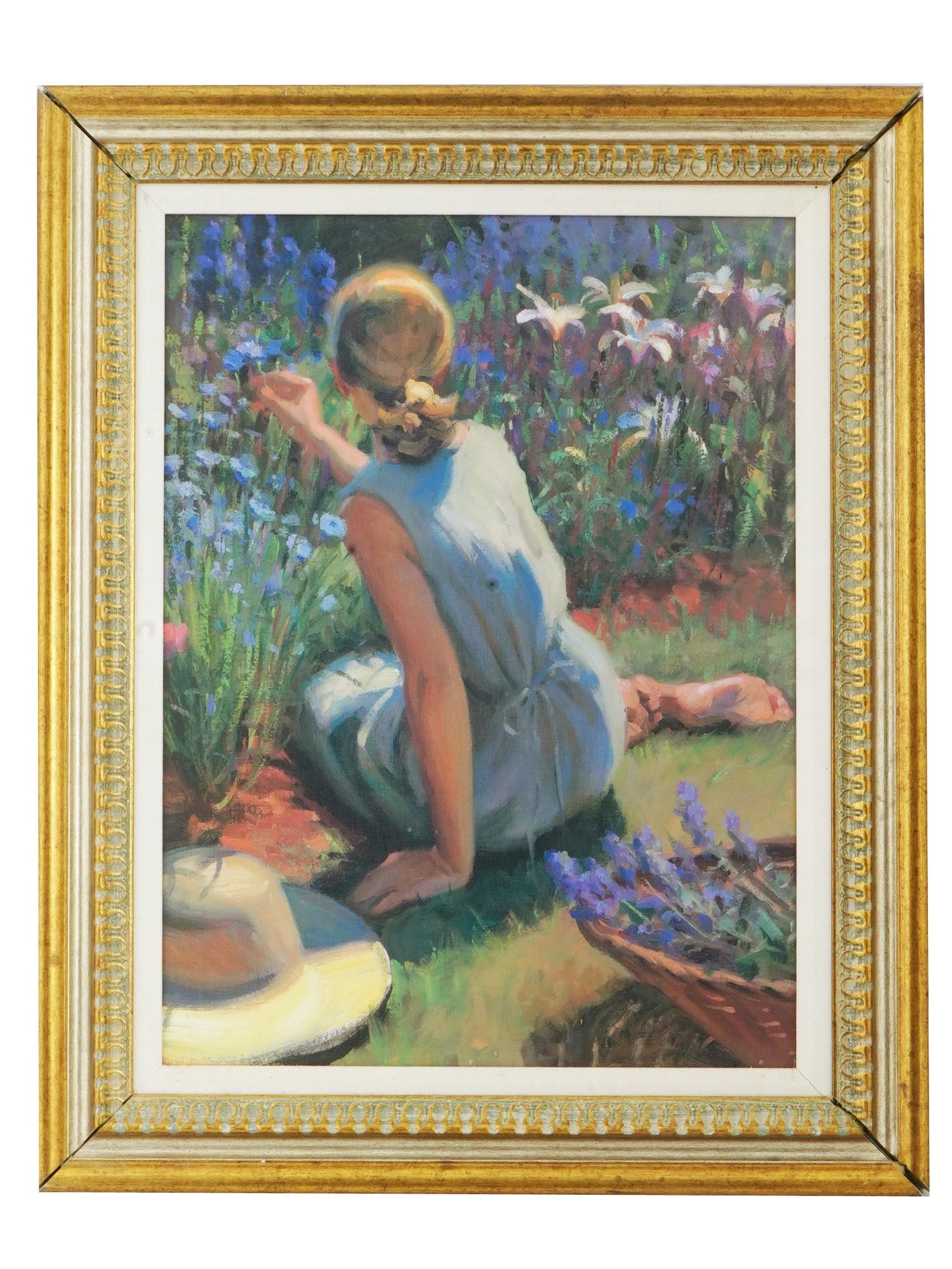 AMERICAN JEFFREY T LARSON COLOR PRINT LATE 20TH C: A late 20th century color print, based on a painting by Jeffrey T. Larson. The print depicts an elegant girl in a blue dress sitting among flowers in the garden. Jeffrey T. Larson, born 1962, was acti