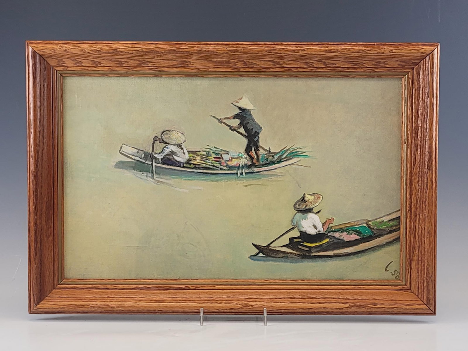 LEONID BERMAN AMERICAN RUSSIAN BANGKOK OIL PAINTING: Leonid Gustavovic Berman, Russian, American, 1896 to 1976, an original oil painting on canvas depicting a river scene in Bangkok, 1958. Signed with an initial and dated, lower right. Framed. Additiona