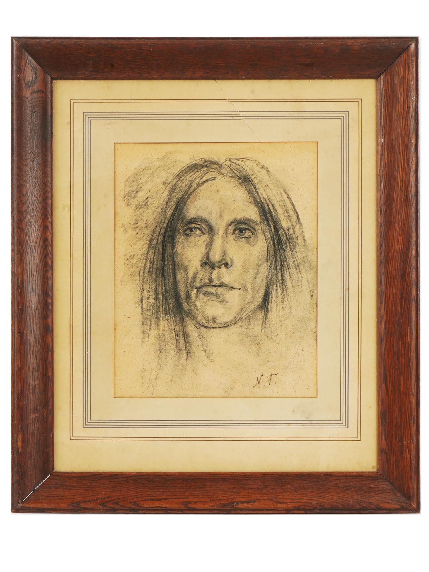 AMERICAN RUSSIAN CHARCOAL PAINTING BY NICOLAI FECHIN: Nicolai Ivanovich Fechin Russian, American, 1881 to 1955, charcoal painting on textured paper depicting a portrait of a Native American man. Signed with initials, lower right. Framed. Nikolai Ivanovic