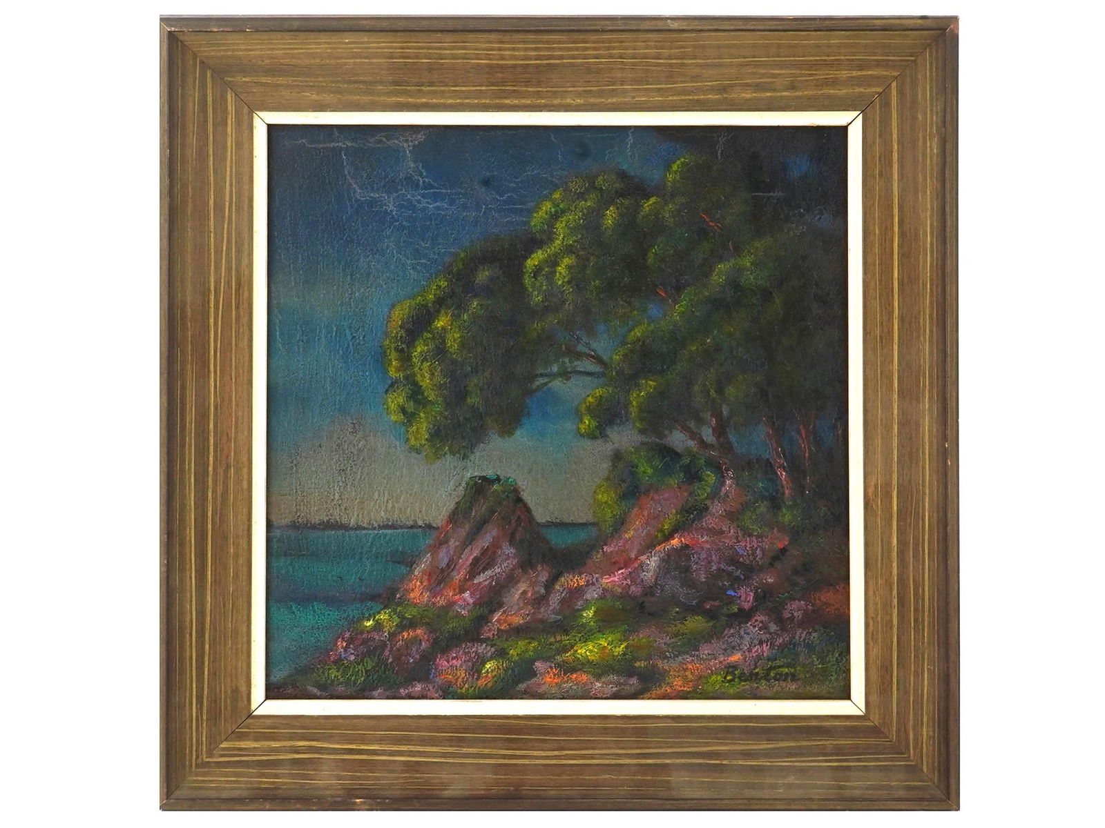 AMERICAN LANDSCAPE OIL PAINTING BY THOMAS H BENTON: Thomas Hart Benton, American, 1889 to 1975, oil painting on board depicting a coastal landscape. Signed lower right. Framed. Thomas Hart Benton is an American artist. Along with John Stewart Carrey an