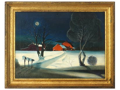 DALE WILLIAM NICHOLS AMERICAN RURAL OIL PAINTING: Dale William Nichols, American, 1904 to 1995, oil painting on canvas depicting a night rural landscape, 1946. Signed and dated, lower left. Framed. Dale Nichols is known for Rural landscape painter,