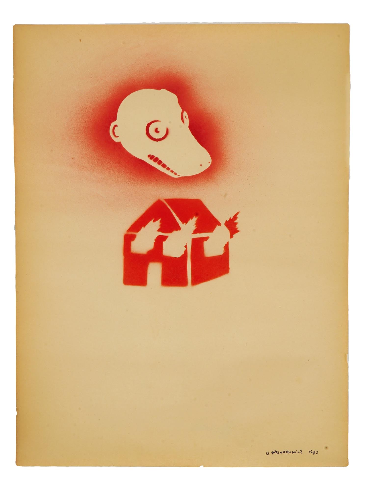 AMERICAN STENCIL SPRAY PAINTING BY DAVID WOJNAROWICZ: David Wojnarowicz, American, 1954 to 1992, stencil and spray painting on paper, depicting a figurative scene with a house, 1982. Signed and dated, lower right. A sketch painting depicting a male nude