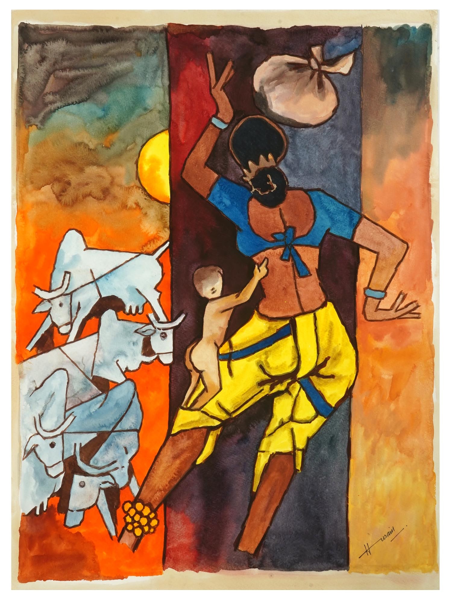 ATTR MAQBOOL FIDA HUSAIN INDIAN WATERCOLOR PAINTING COA (1 of 5)
