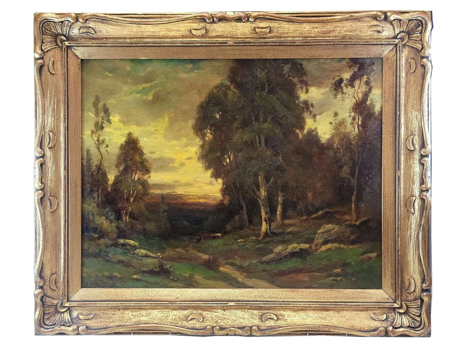 ALEXIS PODCHERNIKOFF ANTIQUE RUSSIAN OIL PAINTING: Alexis Matthew Podchernikoff, Russian, American, 1886 to 1933, an oil on canvas painting depicting Landscape at Dawn, signed lower left and again on the reverse, also marked with the number 450 in a b