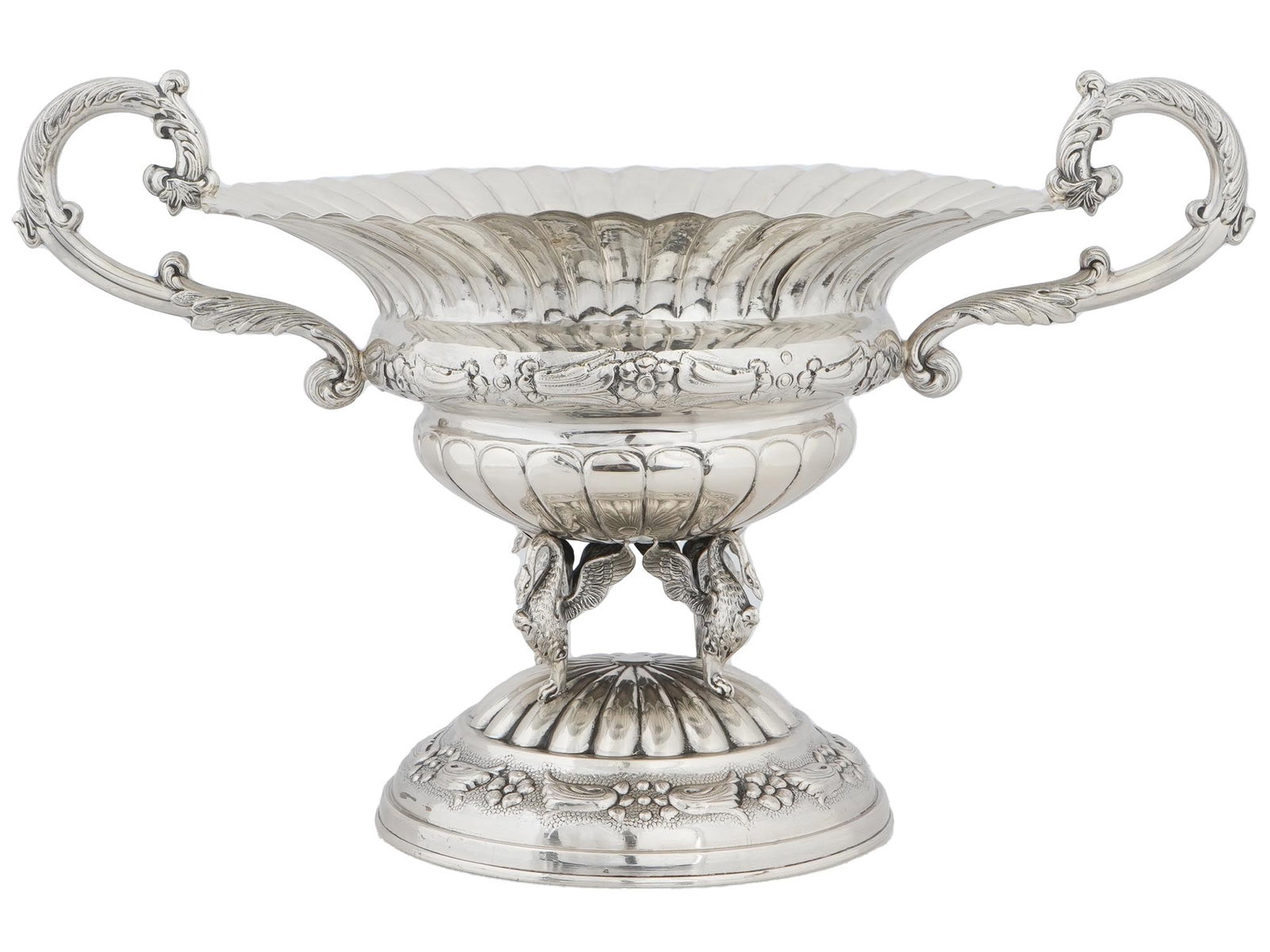 ANTIQUE SPANISH 900 SILVER CENTERPIECE WITH SWANS: An antique Spanish 900 silver centerpiece, produced by Agruna, features an exquisite design. Adorned with two intricately crafted foliate handles, the centerpiece is embellished with four majestic swa
