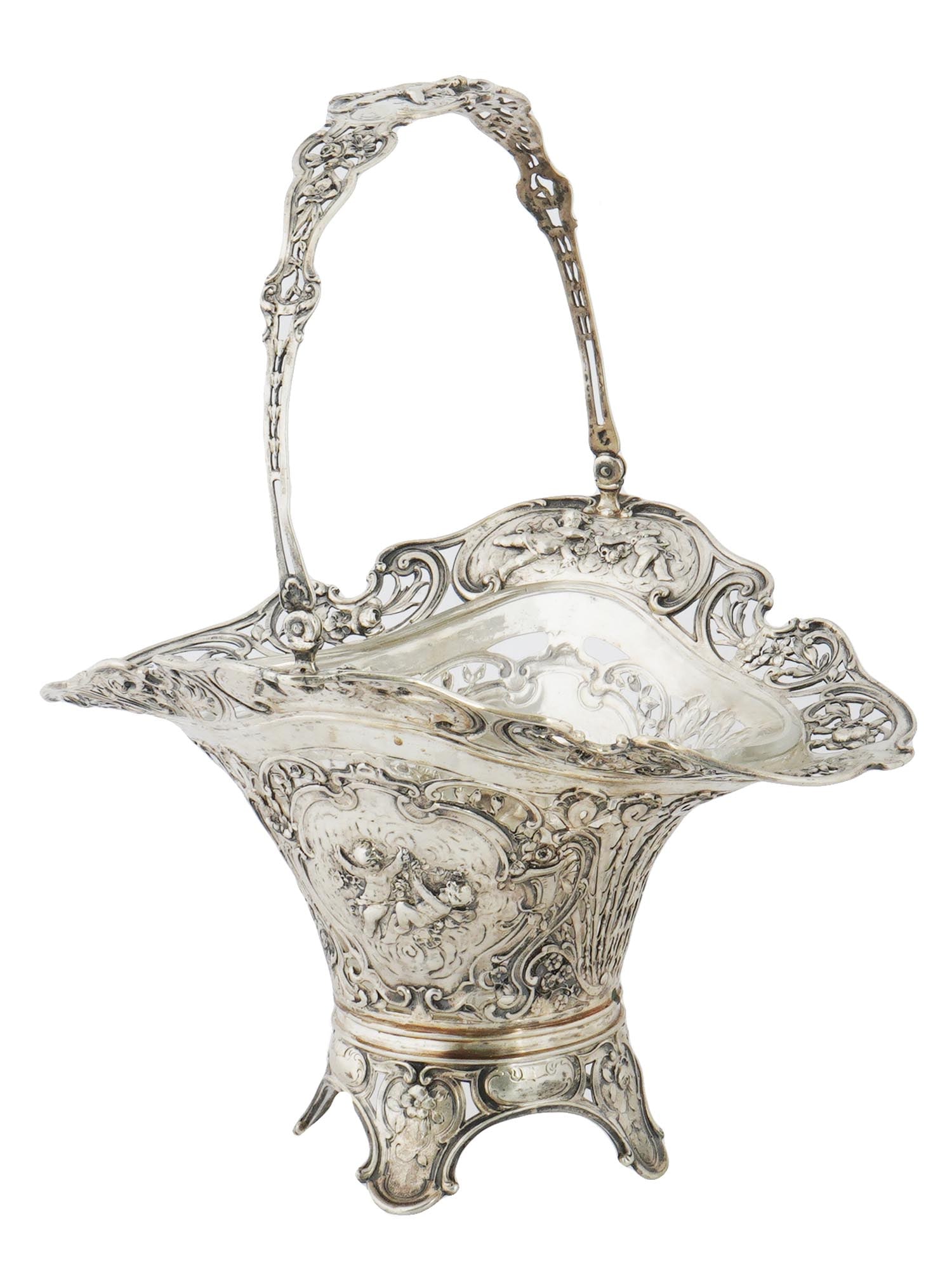 ANTIQUE GERMAN WROUGHT SILVER FLORAL PUTTI BASKET (1 of 10)