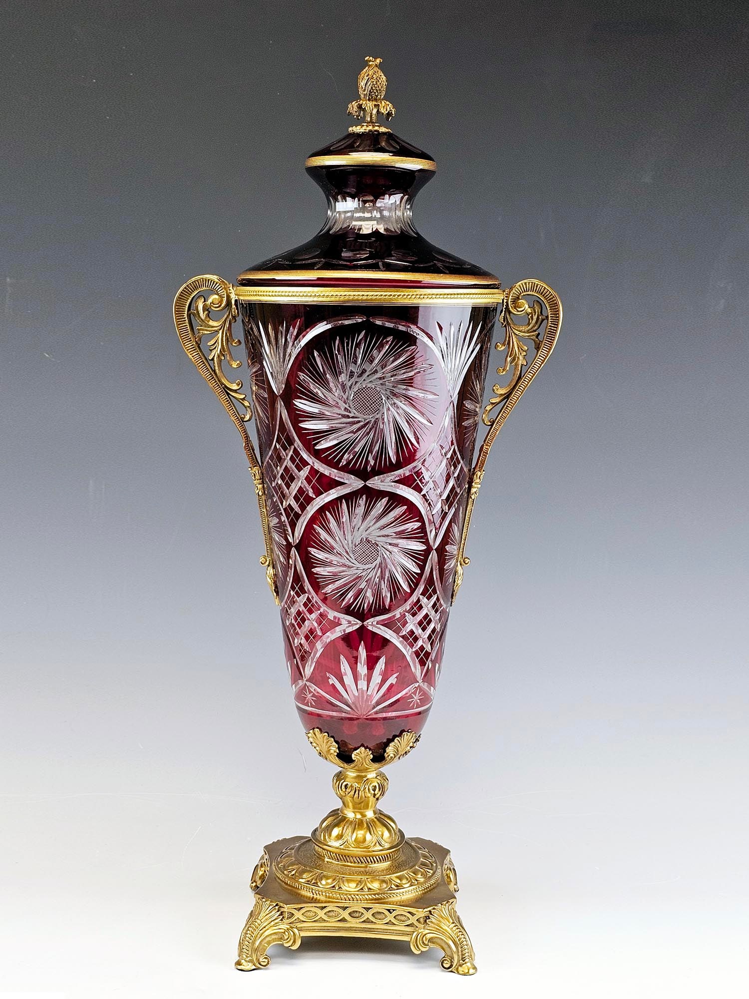 LARGE BOHEMIAN STYLE RUBY RED GLASS BRONZE COVERED VASE (1 of 5)