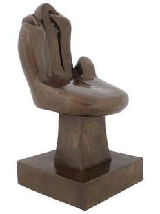 1960S ABSTRACT BRONZE SCULPTURE BY SOREL ETROG: Cast bronze sculpture by Sorel Etrog, 1933 to 2014, a Romanian-born Israeli-Canadian artist. The artwork represents a folded palm with twisted fingers. Brown patina. Titled Small Chair, Hand. Dated 19