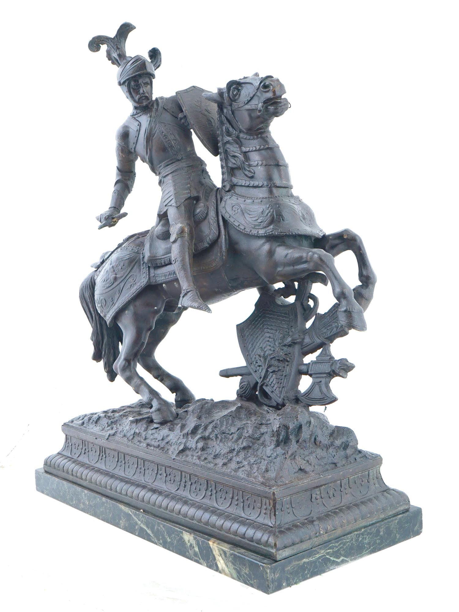 RUSSIAN NICHOLAS SPELTER SCULPTURE AFTER PIOTR KLODT: A spelter sculpture after the original bronze sculpture, Nicholas I on horseback, 1850, by Piotr Karlovich Klodt von Jurgensburg, Russian, 1805 to 1867. Mounted on a figural base featuring engraved or