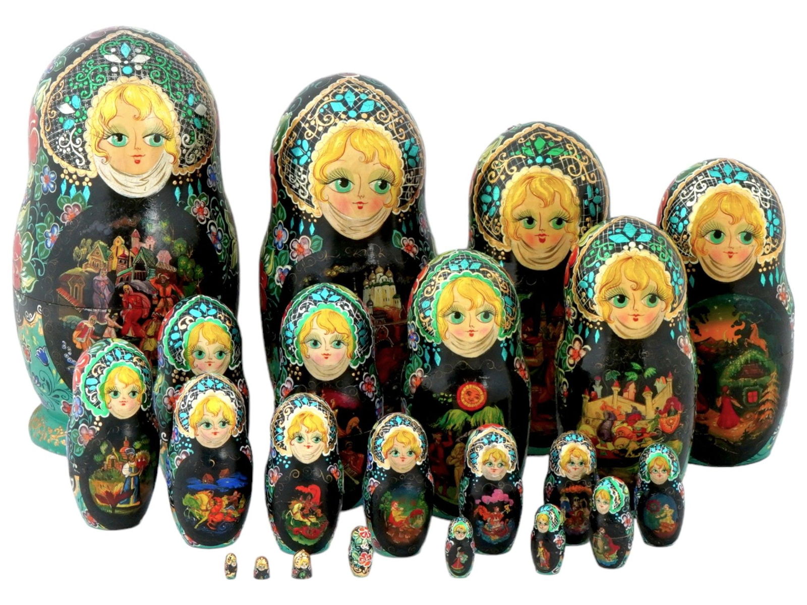 RUSSIAN HAND PAINTED WOOD MATRYOSHKA DOLL 21 ITEMS: A vintage Russian Matryoshka doll, a large set of 21 hand painted and lacquered wooden nesting dolls of decreasing size placed one inside another. A folk tale character or scenes from Russian fairy ta