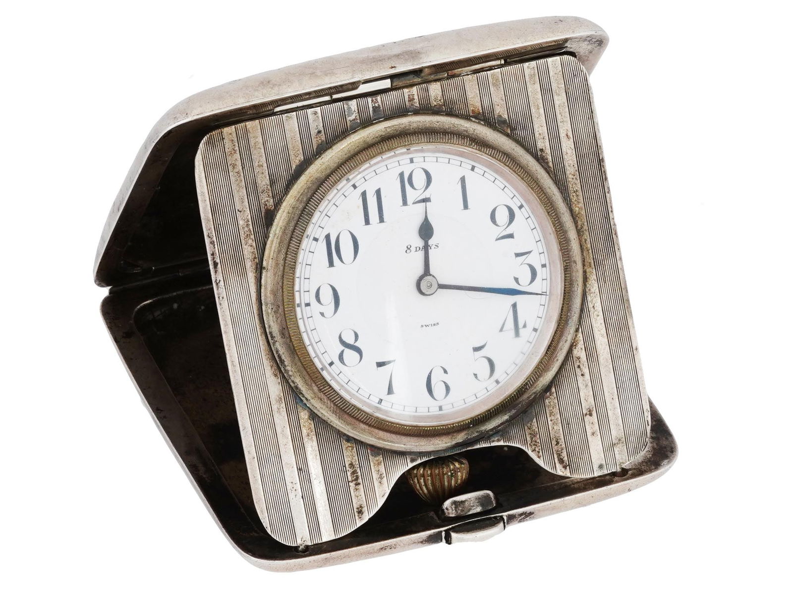 ANTIQUE SWISS STERLING SILVER TRAVEL CLOCK 8 DAYS (1 of 10)