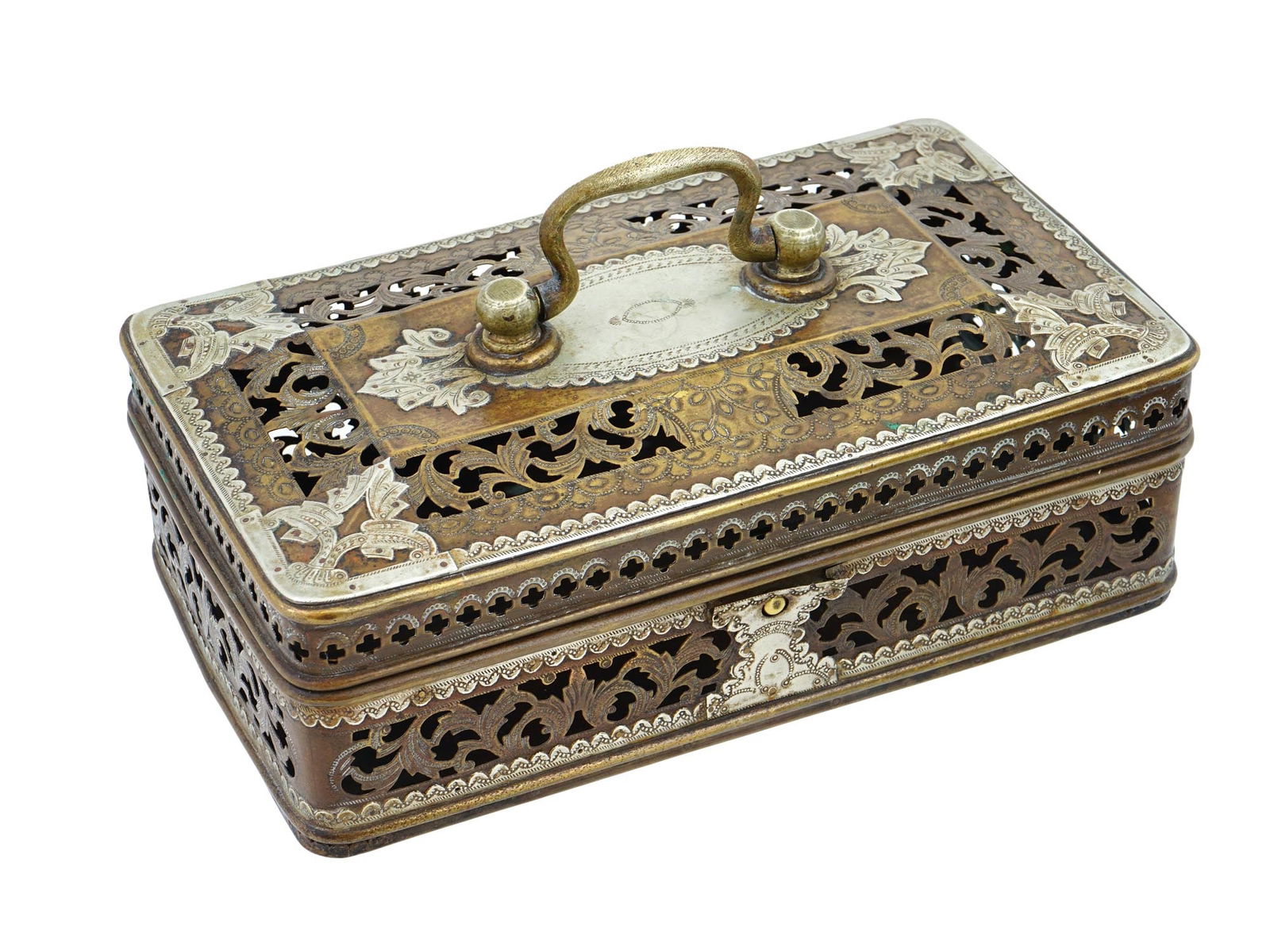 ANTIQUE INDIAN PIERCED DESIGN BRASS BOX WITH INLAYS (1 of 10)
