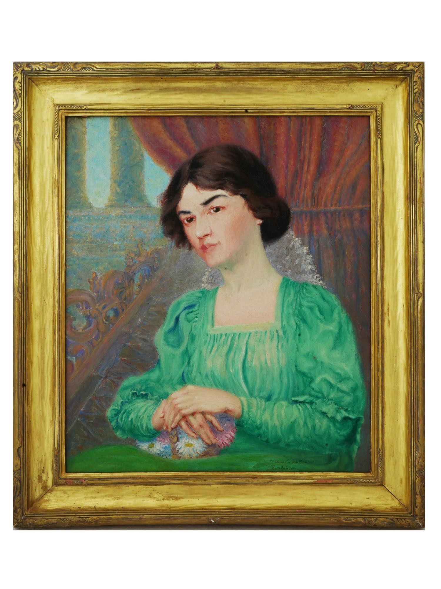 ANTIQUE AMERICAN OIL PAINTING BY FRANK WESTON BENSON: Frank Weston Benson, American, 1862 to 1951, an antique oil painting on canvas depicting a portrait of a woman, 1916. Signed, dated, and inscribed, to Elizabeth and Max, lower right. Framed. Frank Ben