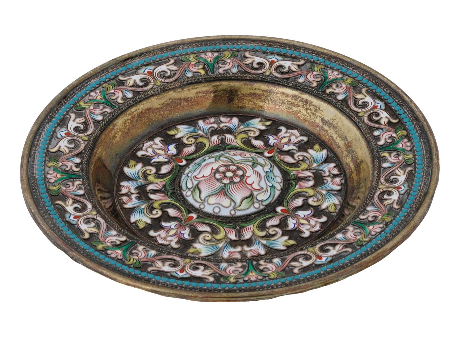RUSSIAN GILT SILVER CLOISONNE ENAMEL FLORAL PLATE (1 of 6)