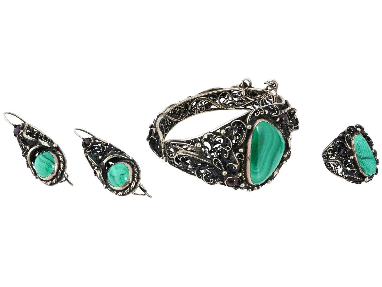RUSSIAN URAL MALACHITE FILIGREE JEWELRY SET 4 PIECES (1 of 10)