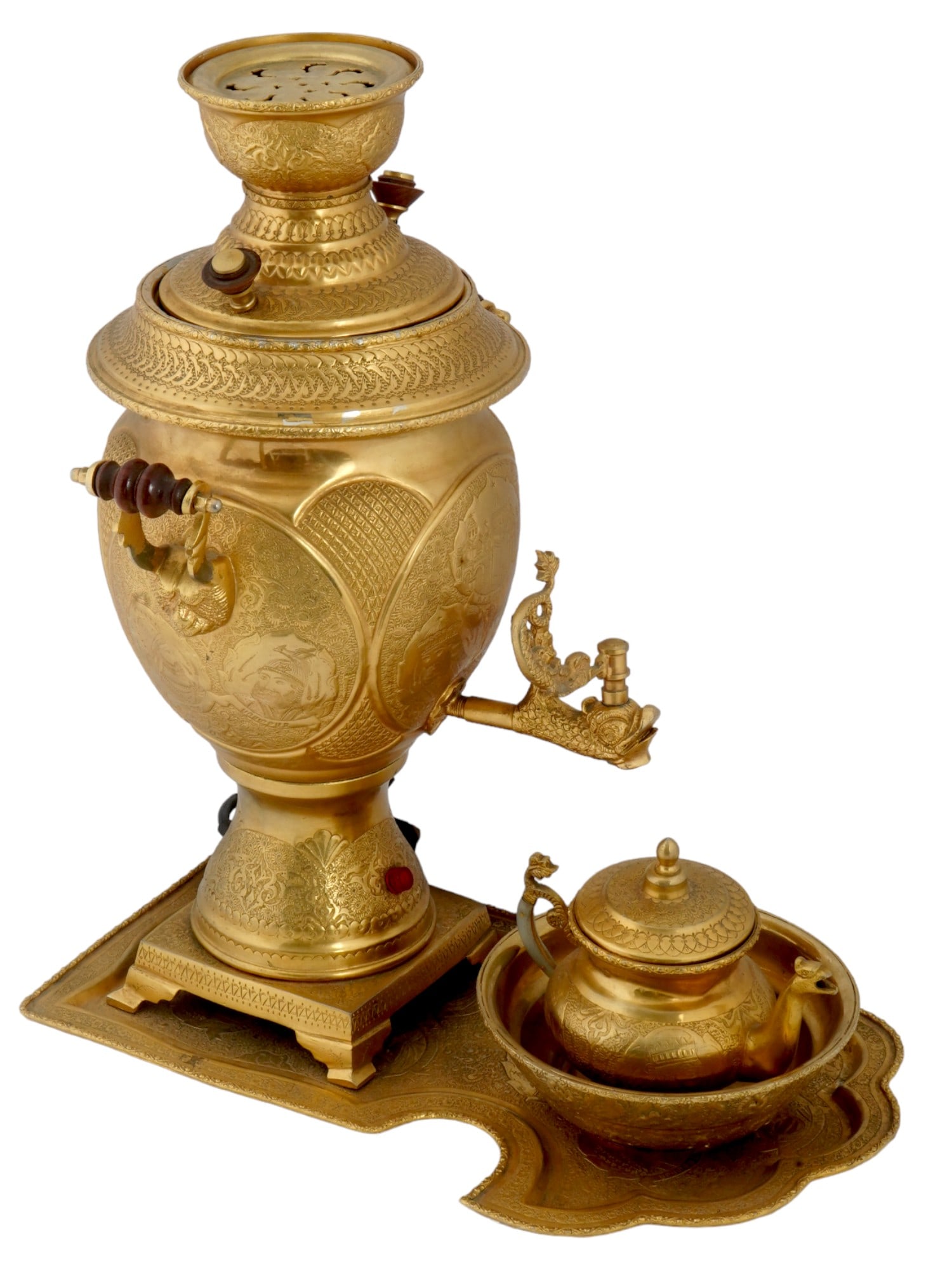 SET OF PERSIAN BRASS GILT SAMOVAR TEA POT BOWL TRAY: A set of hand crafted vintage brass gilt serveware with chased ornamental decorations. A total of four items, including a Persian samovar, a rounded tea pot, a bowl, and a serving tray. All items in t