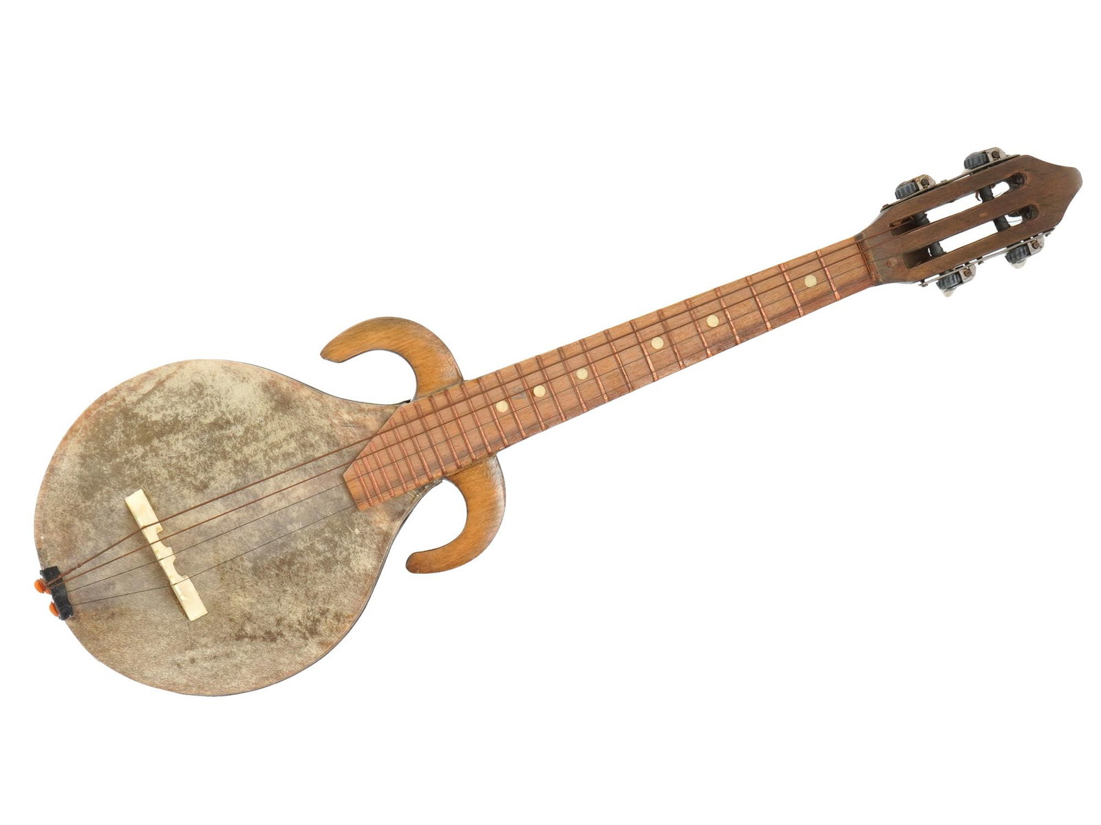 VINTAGE TRADITIONAL ORIENTAL MUSICAL INSTRUMENT RAWAP: A vintage traditional Oriental musical instrument rawap featuring a round body and a long neck. Originated in Central Asia. It has four strings, each serving a specific pitch or note. The strings are 