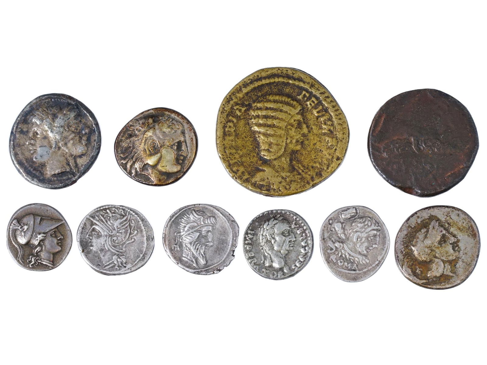 TEN ANCIENT GREEK AND ROMAN BRONZE AND SILVER COINS (1 of 3)