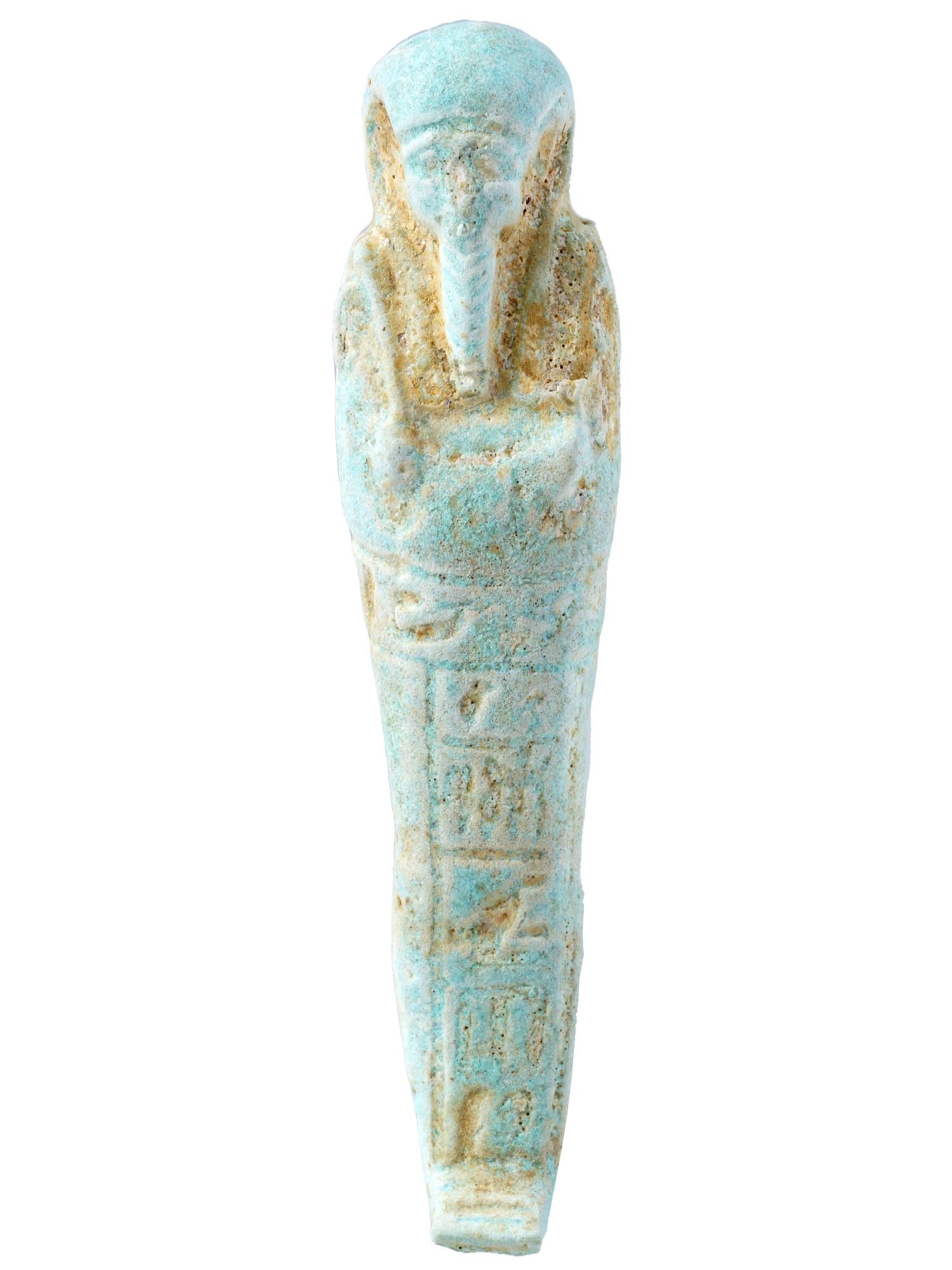 ANCINET EGYPTIAN GLAZED CLAY USHABTI FIGURINE: An Ancient Egyptian blue-glazed clay ushabti figurine. Late Period or Ptolemaic Egypt, ca. 4th to 1st centuries BC. The ushabti or shabti is a type of funerary figurine used in ancient Egyptian funera