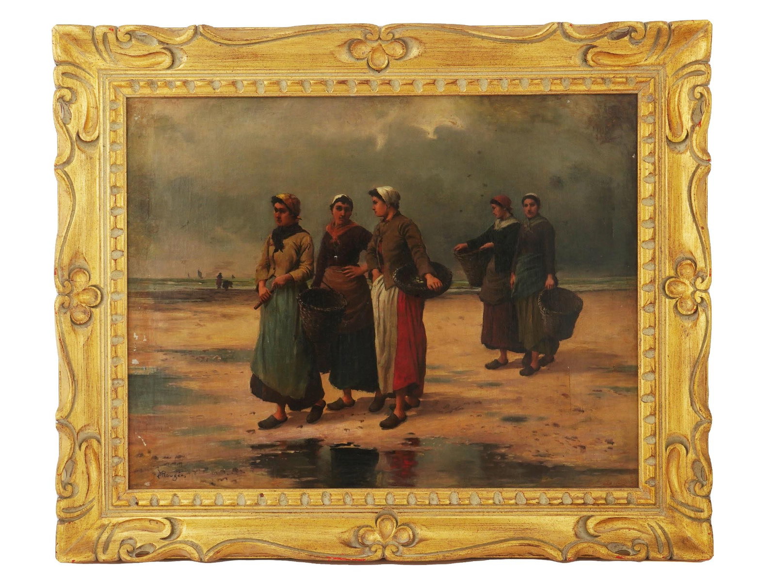 GEORGES ROUZEE ANTIQUE 19TH C FRENCH OIL PAINTING: An antique oil on canvas painting Clam Gatherers by Georges Rouzee, French, 1870 to 1910. The genre painting in a realistic manner depicts a group of young poorly dressed women walking with empty bask