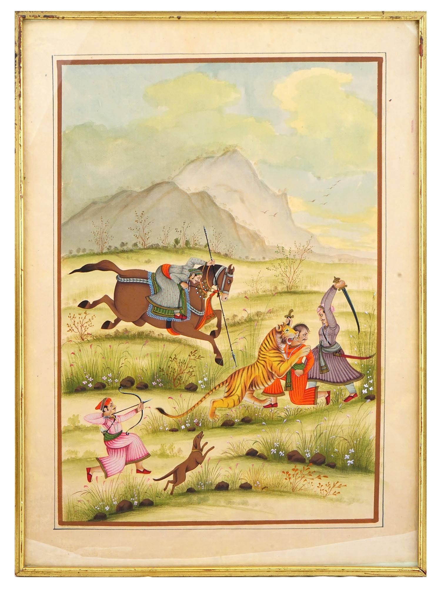 INDIAN MUGHAL MINIATURE PAINTING TIGER ATTACK (1 of 7)