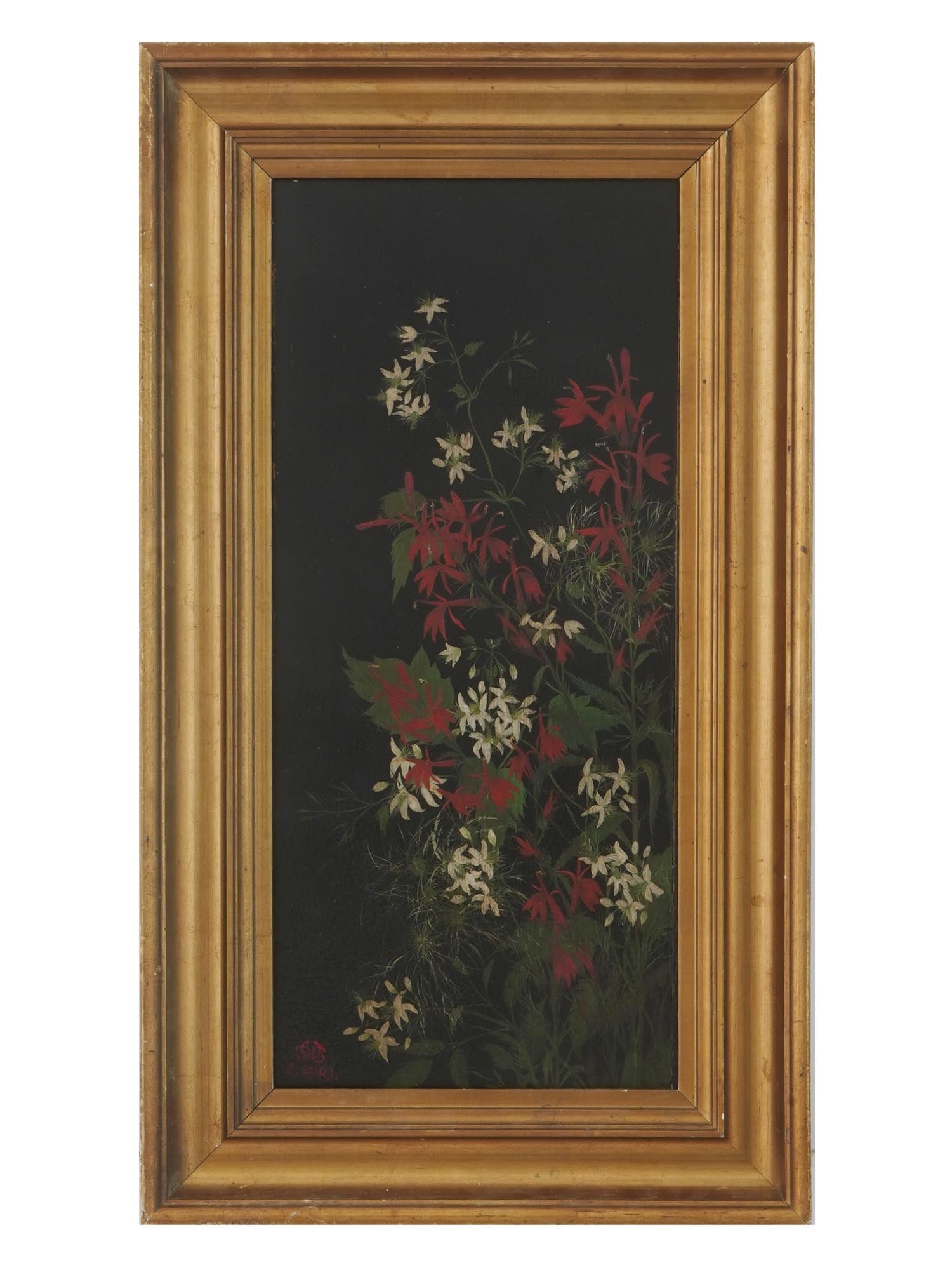 CHARLES CARYL COLEMAN STILL LIFE AMERICAN OIL PAINTING: Charles Caryl Coleman, Italian, American, 1840 to 1928, oil painting on panel depicting a still life with flowers. Signed with a monogram, and inscribed, Capri, lower left. Circa: 1886. Framed. Inscri