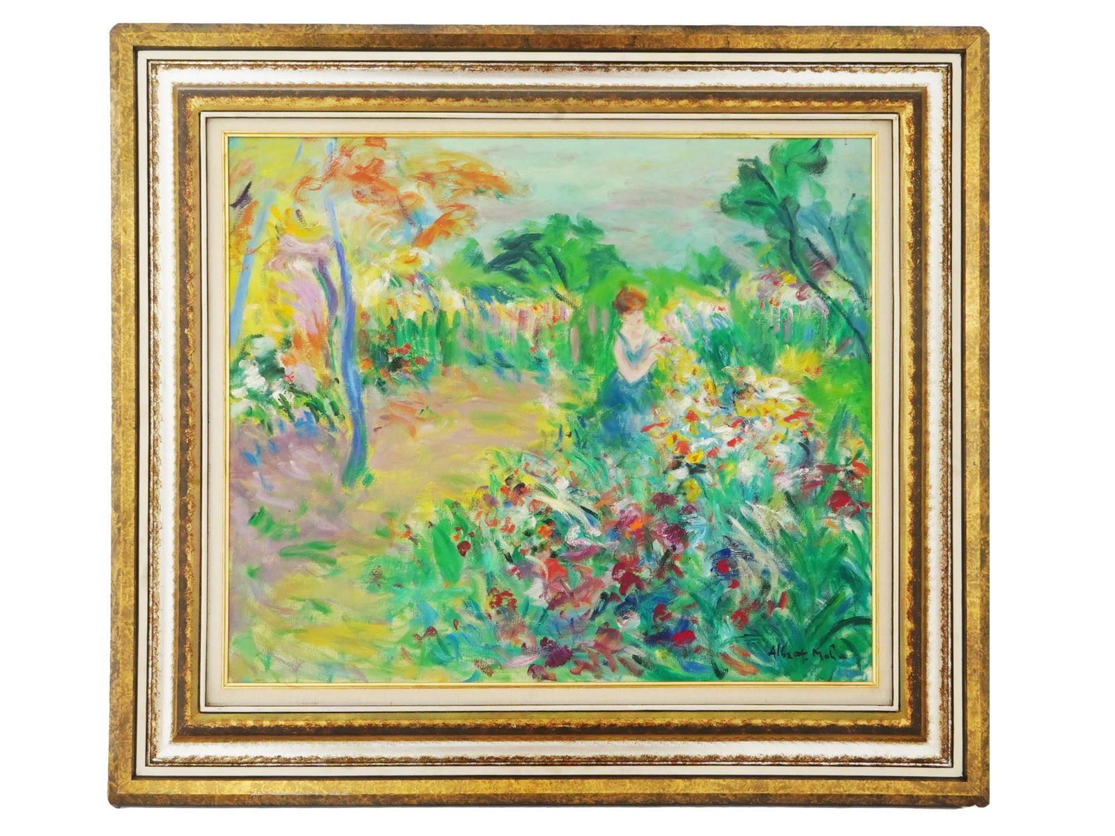 IMPRESSIONIST FRENCH OIL PAINTING BY ALBERT MOHR: Albert Mohr, French, American, born 1918, oil painting on canvas depicting an Impressionist scene with a lady in a field landscape. Signed lower right. Framed. Albert Mohr is known for Impressionist f